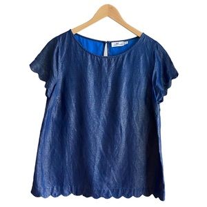Vineyard Vines Blue Shimmer Linen Blend Scalloped Trim Blouse Top